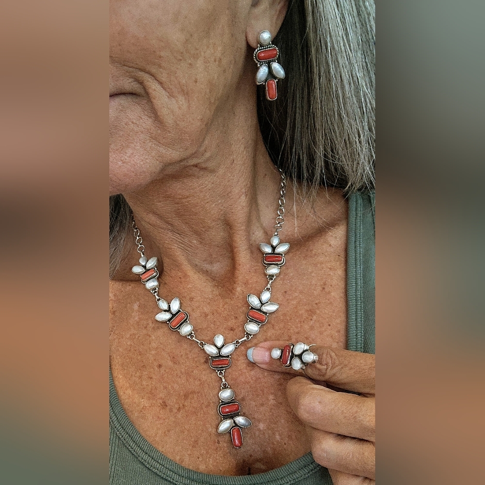 Gorgeous Sterling Silver  Pearl & Coral Necklace and Ring (Adjustable) Set